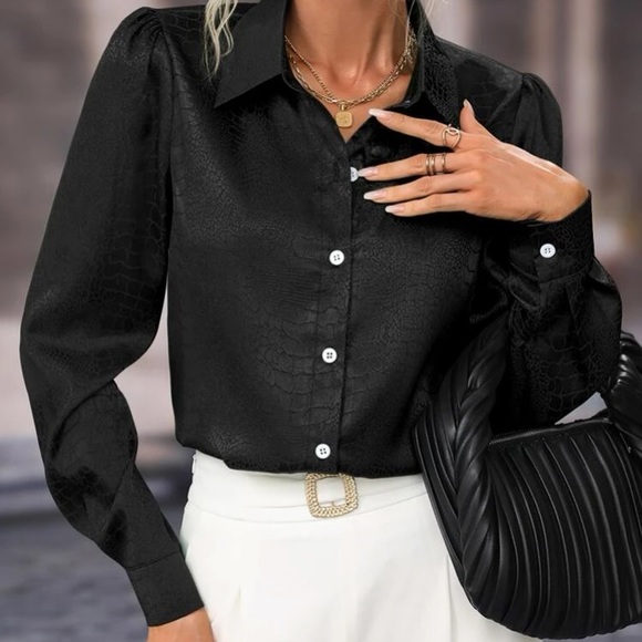 Luxe black jacquard button down business casual top - Picture 2 of 12